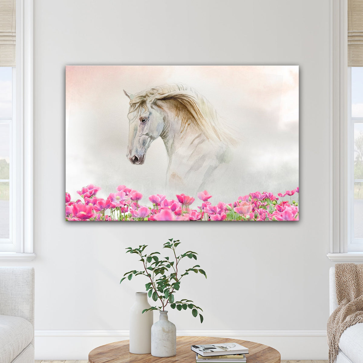 Floral White Horse Canvas Wall Art by Tailored Canvases