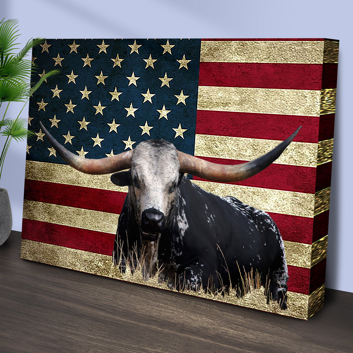 Longhorn Cattle American Flag Canvas Wall Art by Tailored Canvases