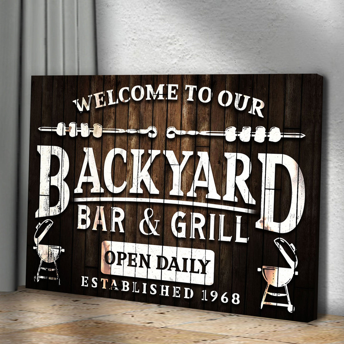 Welcome To Our Backyard Bar And Grill Sign by Tailored Canvases