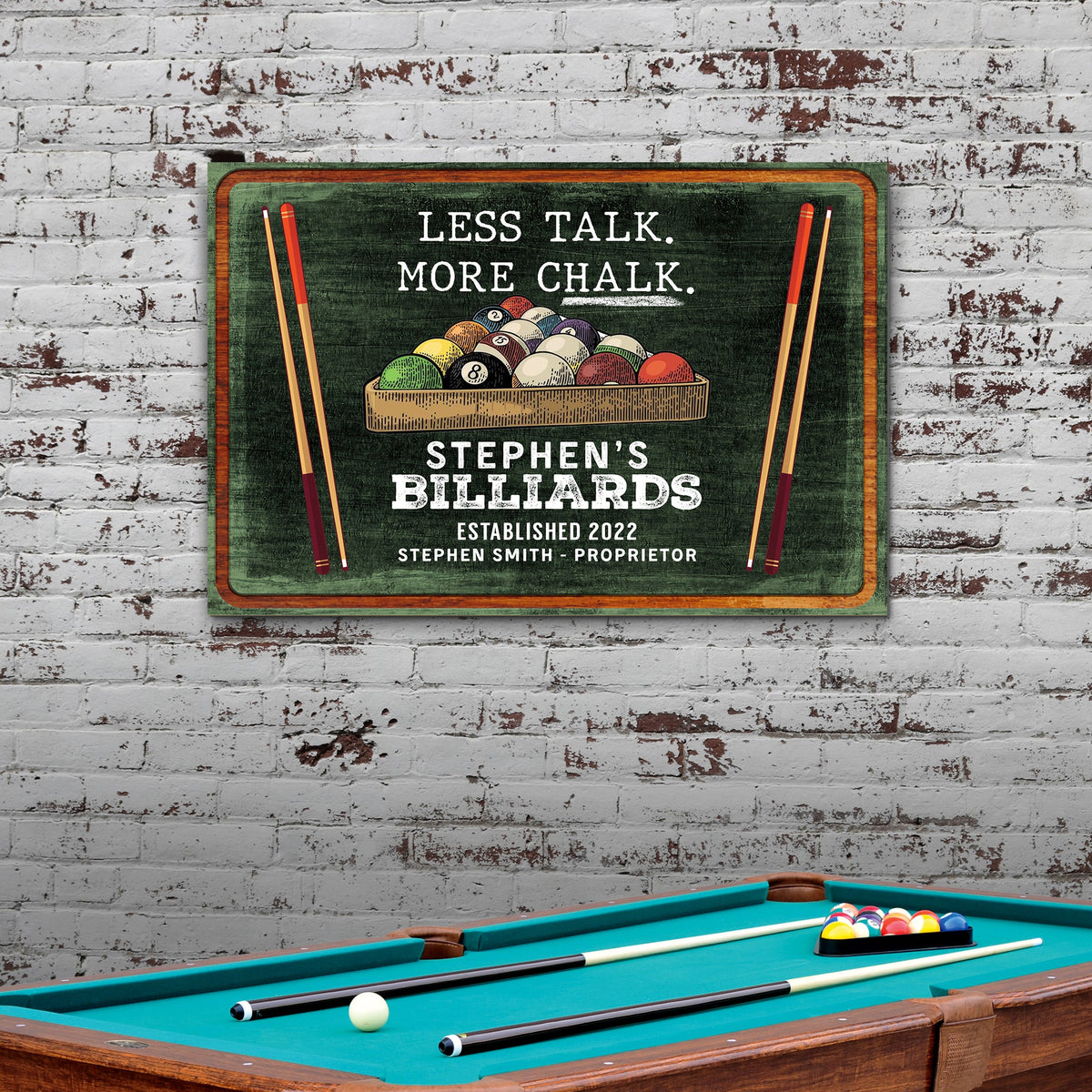 Less Talk More Chalk Billiards Sign II by Tailored Canvases