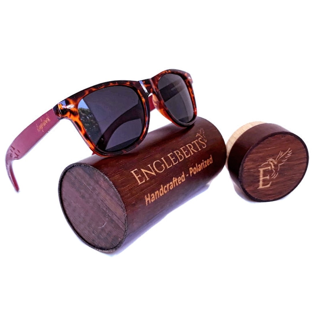 Red Bamboo Tortoise Framed Sunglasses With Wood Case, Artisan Engraved by Purple Ariadne