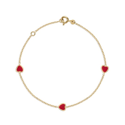 UNICORNJ 14k Yellow Gold with Enamel Heart Bracelet Italian Vertical Stacked 3 Heart Station for Girls Made in Italy 6.5" by Massete