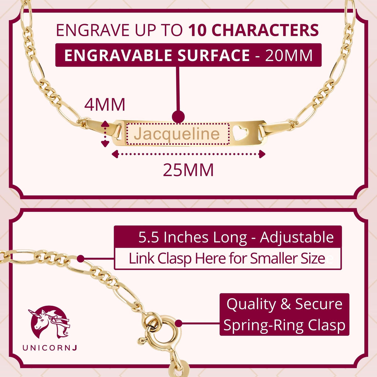 UNICORNJ 14k Yellow Gold Girls ID Bracelet Engravable with Heart Cutout for Girls Kids Toddler Baby Figaro Chain 3+1 Links Made in Italy 5.5" by Massete