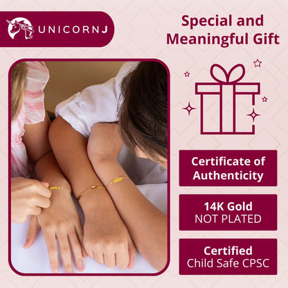 UNICORNJ 14k Yellow Gold Girls ID Bracelet Engravable with Heart Cutout for Girls Kids Toddler Baby Figaro Chain 3+1 Links Made in Italy 5.5" by Massete