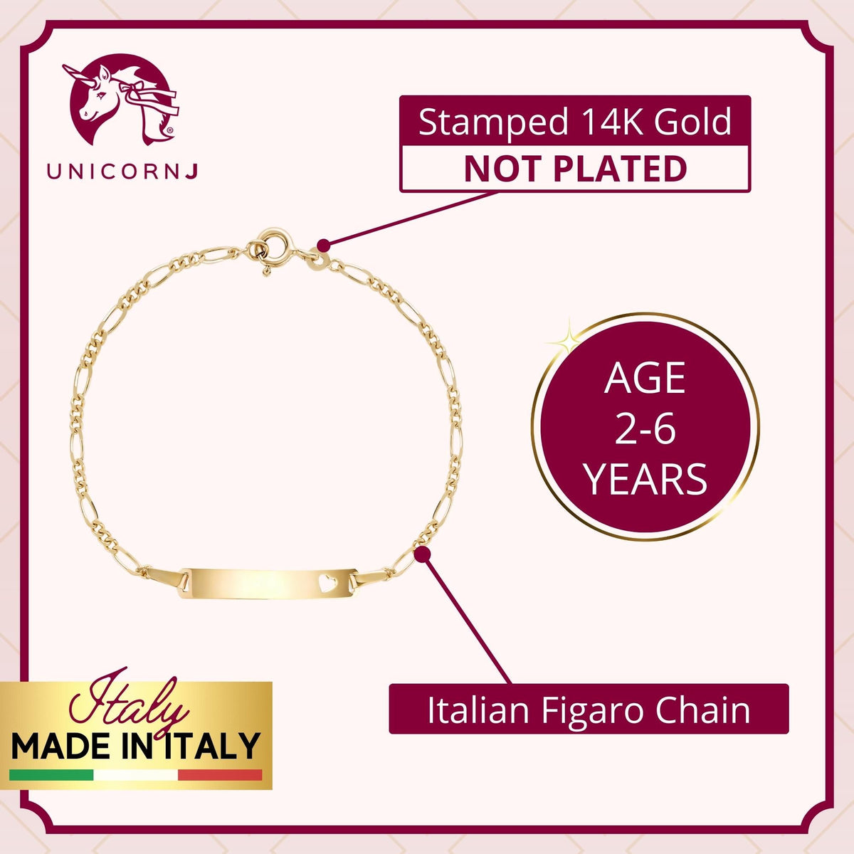 UNICORNJ 14k Yellow Gold Girls ID Bracelet Engravable with Heart Cutout for Girls Kids Toddler Baby Figaro Chain 3+1 Links Made in Italy 5.5" by Massete