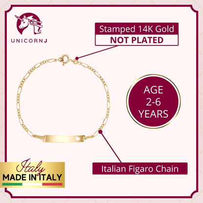 UNICORNJ 14k Yellow Gold Girls ID Bracelet Engravable with Heart Cutout for Girls Kids Toddler Baby Figaro Chain 3+1 Links Made in Italy 5.5" by Massete