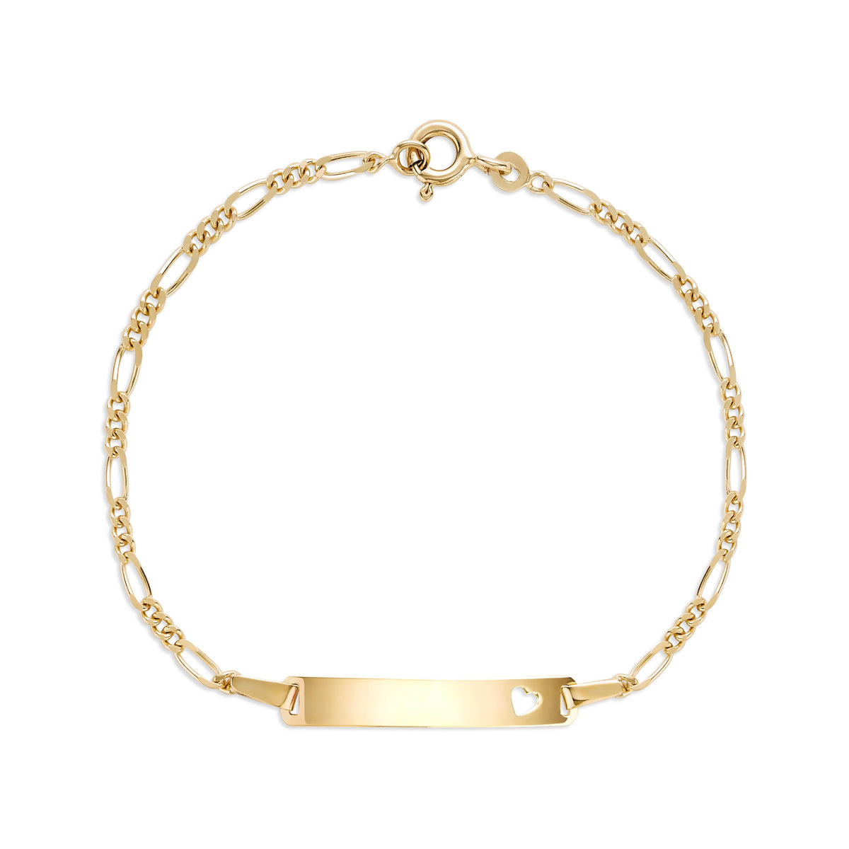 UNICORNJ 14k Yellow Gold Girls ID Bracelet Engravable with Heart Cutout for Girls Kids Toddler Baby Figaro Chain 3+1 Links Made in Italy 5.5" by Massete