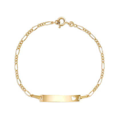 UNICORNJ 14k Yellow Gold Girls ID Bracelet Engravable with Heart Cutout for Girls Kids Toddler Baby Figaro Chain 3+1 Links Made in Italy 5.5" by Massete