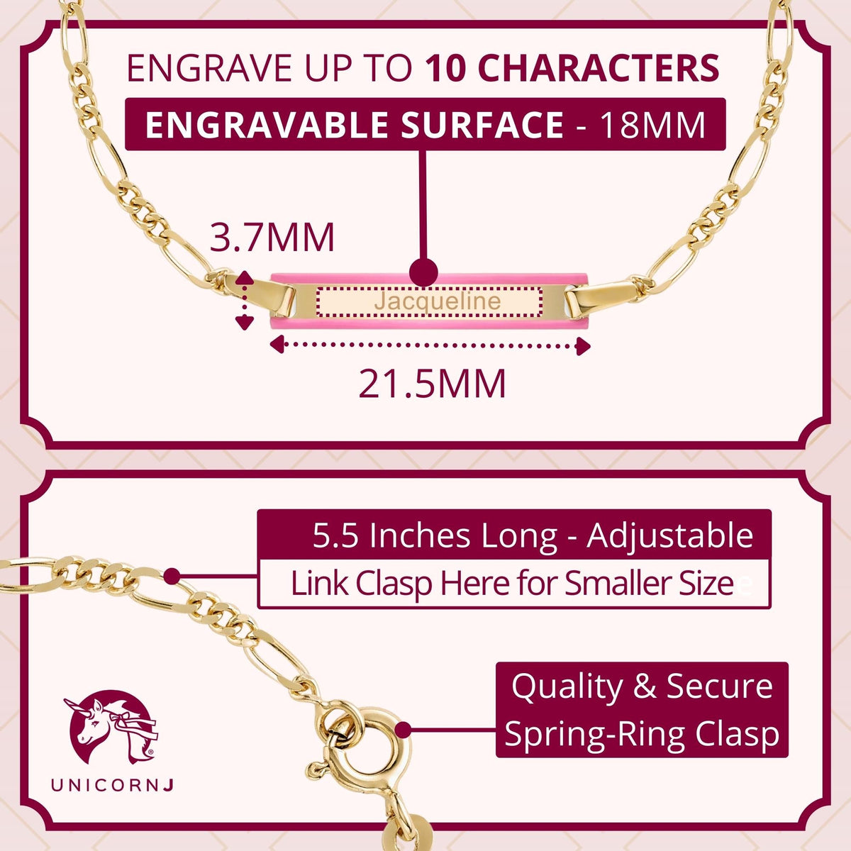 UNICORNJ 14k Yellow Gold Girls ID Bracelet Engravable with Pink Enamel Outline for Girls Kids Toddler Baby Figaro Chain 3+1 Links Made in Italy 5.5" by Massete