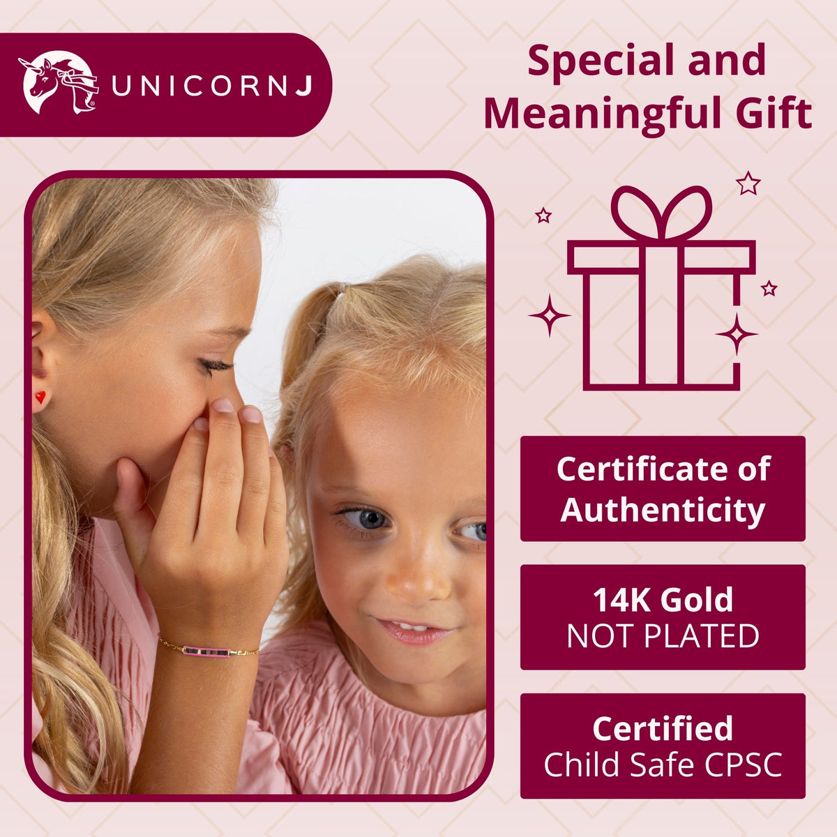 UNICORNJ 14k Yellow Gold Girls ID Bracelet Engravable with Pink Enamel Outline for Girls Kids Toddler Baby Figaro Chain 3+1 Links Made in Italy 5.5" by Massete