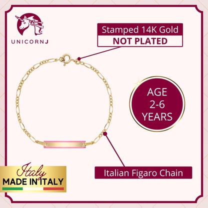 UNICORNJ 14k Yellow Gold Girls ID Bracelet Engravable with Pink Enamel Outline for Girls Kids Toddler Baby Figaro Chain 3+1 Links Made in Italy 5.5" by Massete