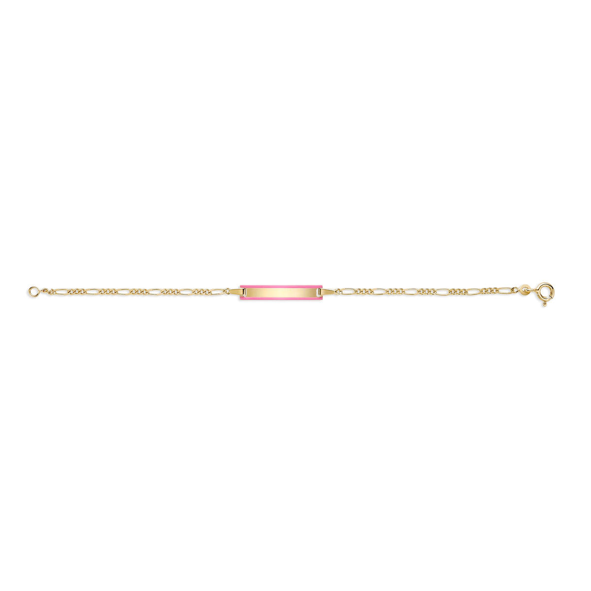 UNICORNJ 14k Yellow Gold Girls ID Bracelet Engravable with Pink Enamel Outline for Girls Kids Toddler Baby Figaro Chain 3+1 Links Made in Italy 5.5" by Massete