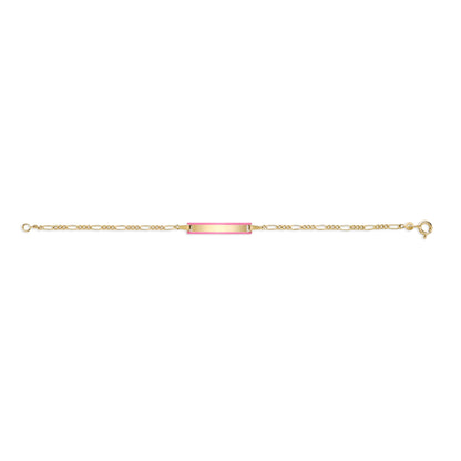UNICORNJ 14k Yellow Gold Girls ID Bracelet Engravable with Pink Enamel Outline for Girls Kids Toddler Baby Figaro Chain 3+1 Links Made in Italy 5.5" by Massete