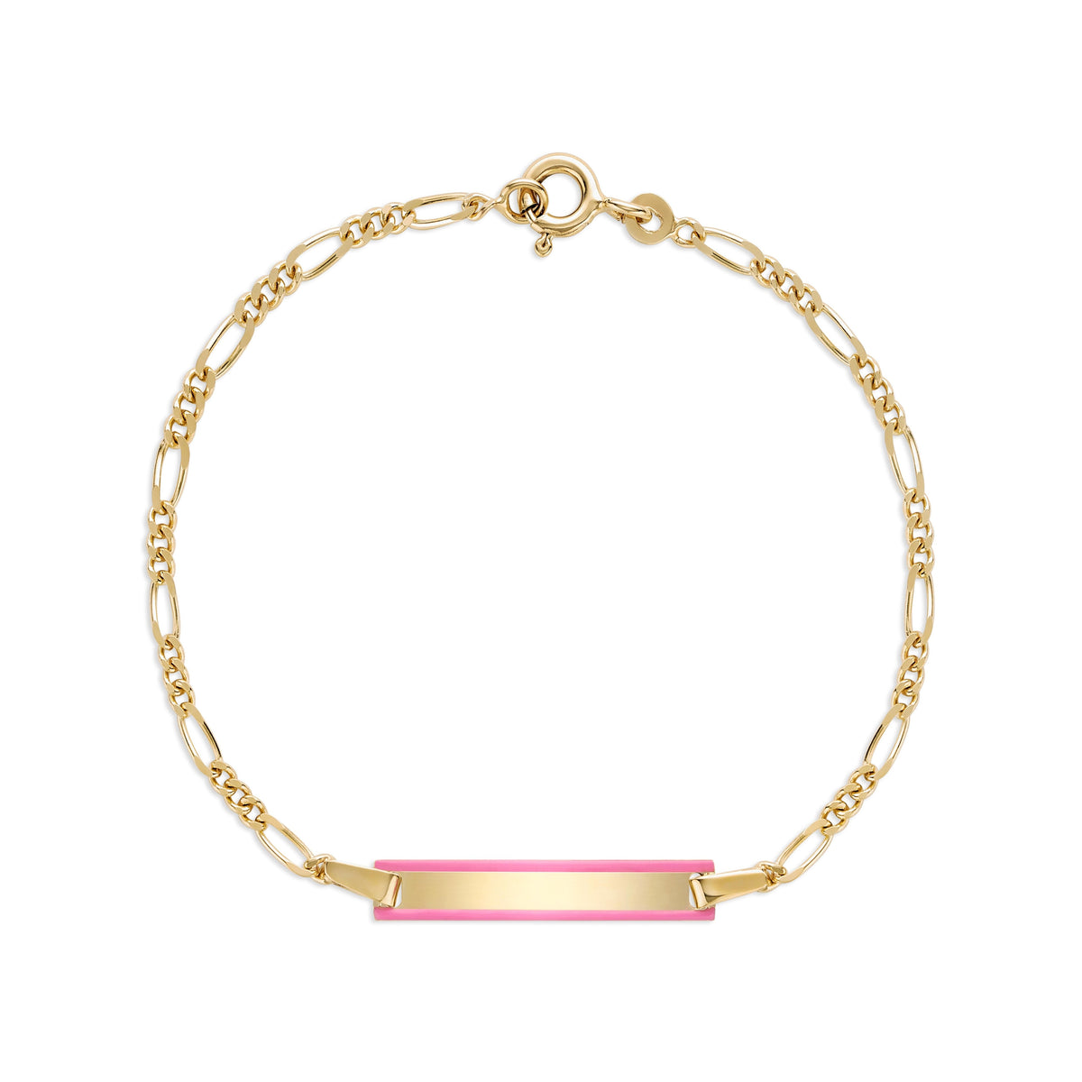 UNICORNJ 14k Yellow Gold Girls ID Bracelet Engravable with Pink Enamel Outline for Girls Kids Toddler Baby Figaro Chain 3+1 Links Made in Italy 5.5" by Massete