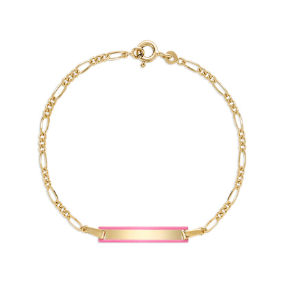 UNICORNJ 14k Yellow Gold Girls ID Bracelet Engravable with Pink Enamel Outline for Girls Kids Toddler Baby Figaro Chain 3+1 Links Made in Italy 5.5" by Massete