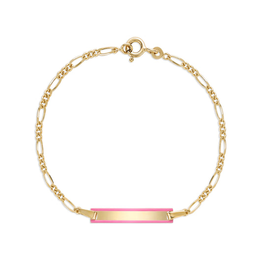 UNICORNJ 14k Yellow Gold Girls ID Bracelet Engravable with Pink Enamel Outline for Girls Kids Toddler Baby Figaro Chain 3+1 Links Made in Italy 5.5" by Massete