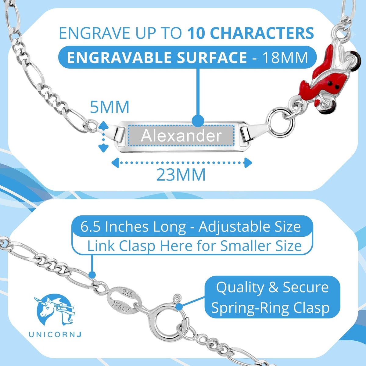 UNICORNJ Sterling Silver 925 Engravable ID Bracelet Figaro Chain for Boys Girls with Enamel Charm 6.5" by Massete