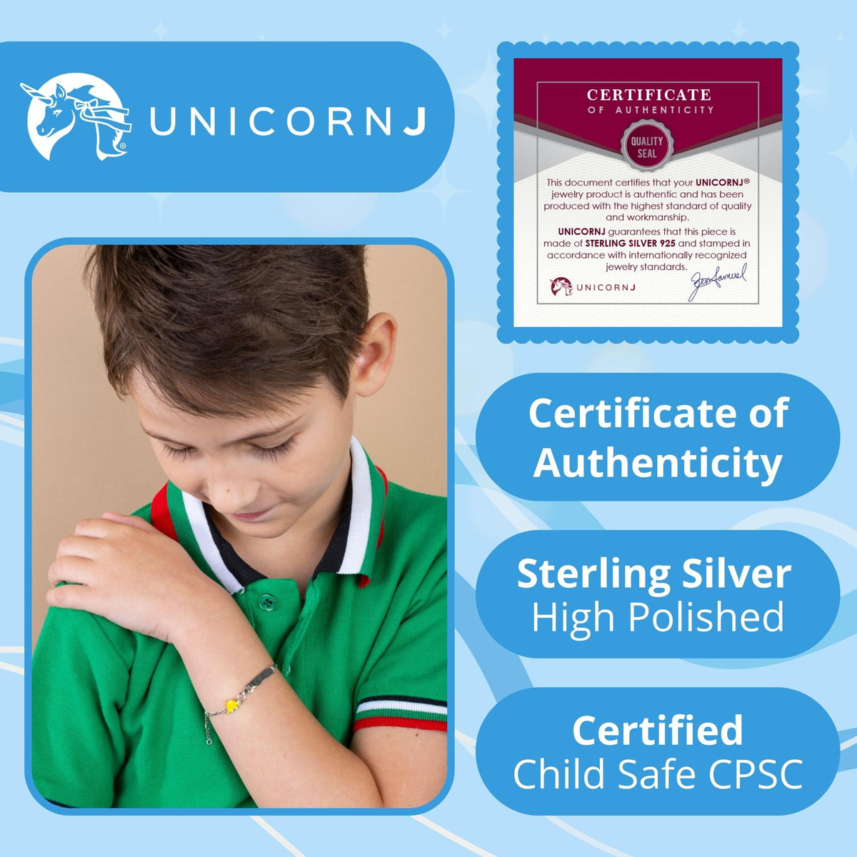 UNICORNJ Sterling Silver 925 Engravable ID Bracelet Figaro Chain for Boys Girls with Enamel Charm 6.5" by Massete