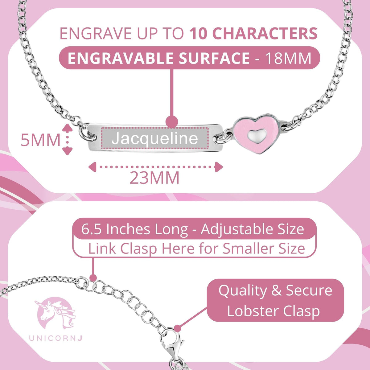 UNICORNJ Sterling Silver 925 Engravable ID Bracelet Rolo Chain for Girls Boys with Enamel 6.5" by Massete