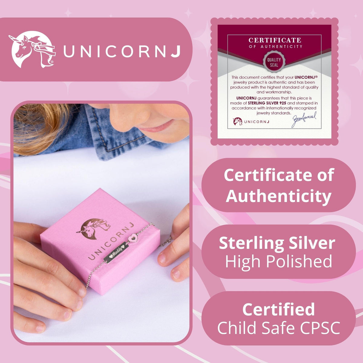 UNICORNJ Sterling Silver 925 Engravable ID Bracelet Rolo Chain for Girls Boys with Enamel 6.5" by Massete