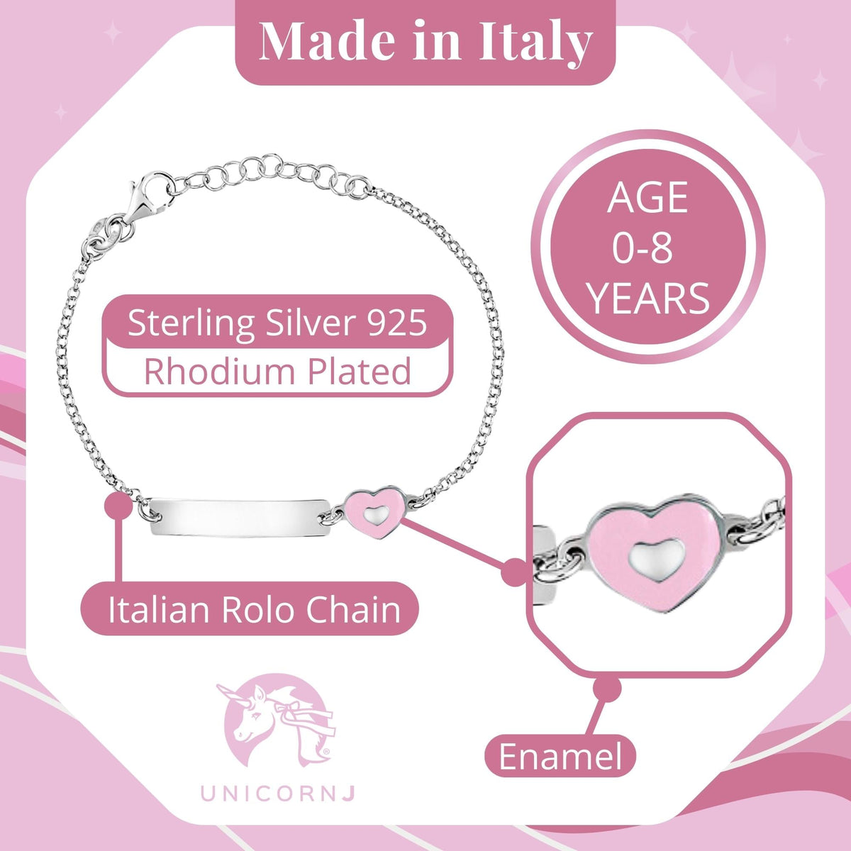 UNICORNJ Sterling Silver 925 Engravable ID Bracelet Rolo Chain for Girls Boys with Enamel 6.5" by Massete
