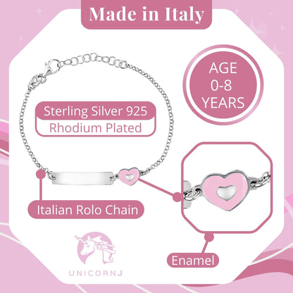 UNICORNJ Sterling Silver 925 Engravable ID Bracelet Rolo Chain for Girls Boys with Enamel 6.5" by Massete