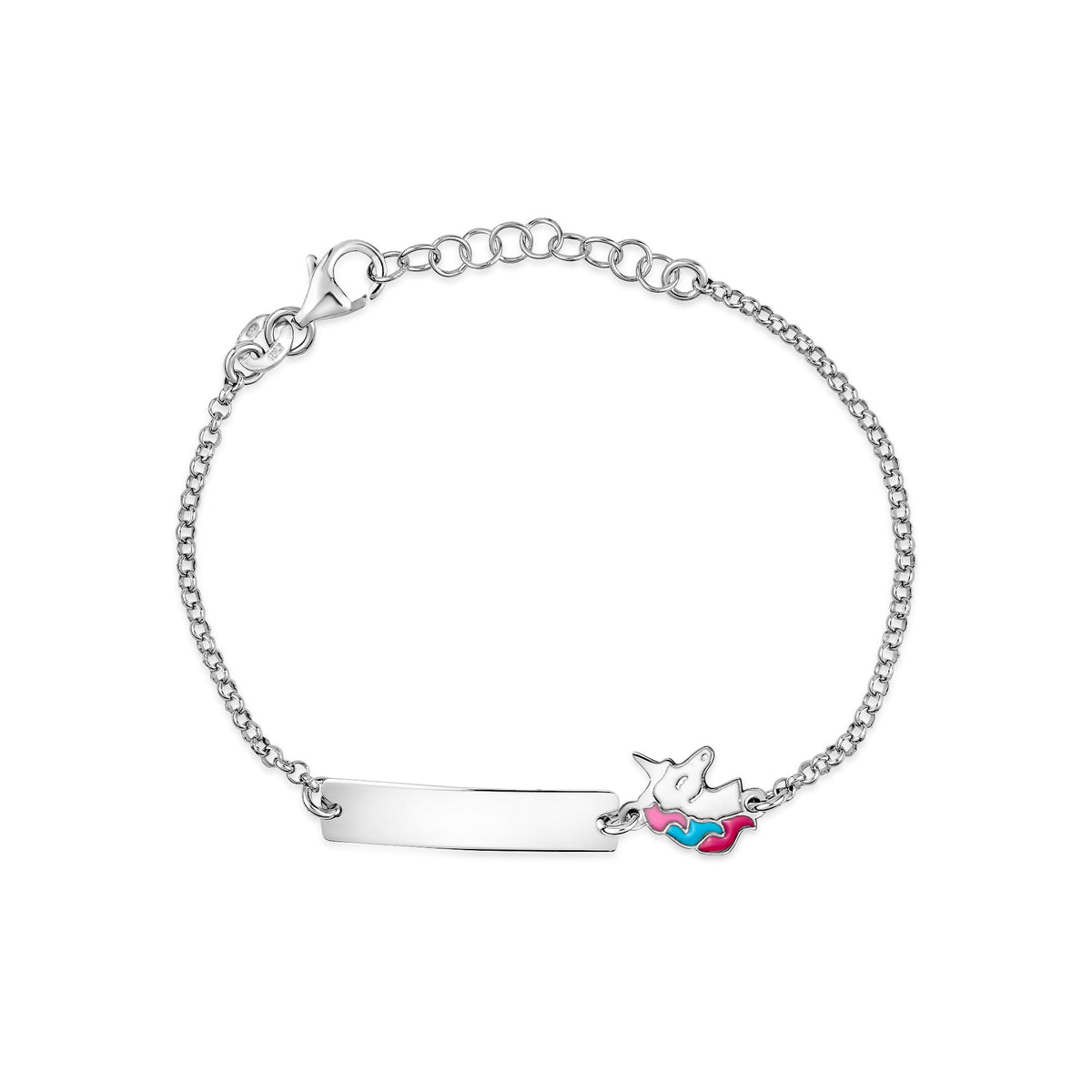 UNICORNJ Sterling Silver 925 Engravable ID Bracelet Rolo Chain for Girls Boys with Enamel 6.5" by Massete