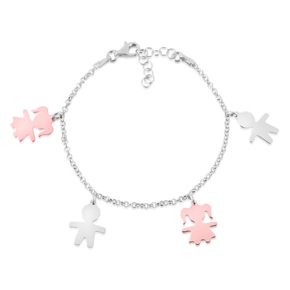Sterling Silver High Polished Bicolor Rose Gold Plated Girl Boy Silhouette Figure Charm Bracelet 8" by Massete