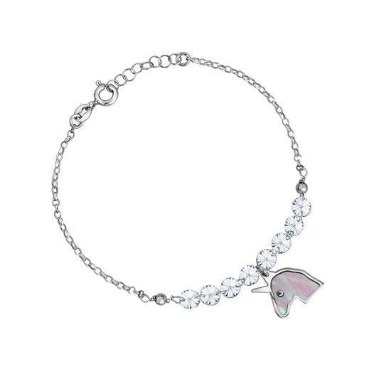 Sterling Silver Unicorn Bracelet with Mother of Pearl Inlay and Diamond Crystals 7.5" by Massete