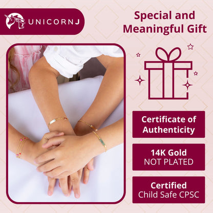 Infographic for the Unicornj children's 14k gold ID bracelet, view 2