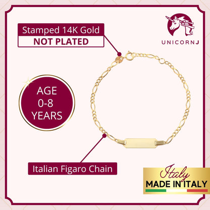Infographic for the Unicornj children's 14k gold ID bracelet, view 4
