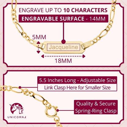 Kids ID Bracelet 14K Yellow Gold for Boys Figaro Chain Car Italy UNICORNJ 5.5" by Massete