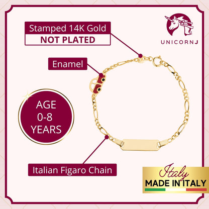 Kids ID Bracelet 14K Yellow Gold for Boys Figaro Chain Car Italy UNICORNJ 5.5" by Massete