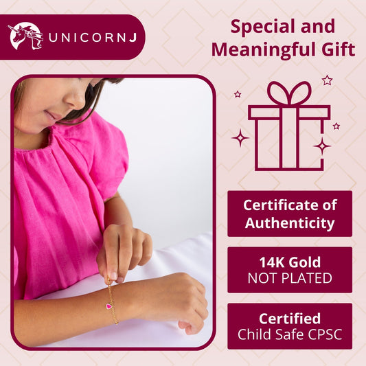 Infographic 1 for Unicornj 14k gold kids ID bracelet with pink enamel heart charm