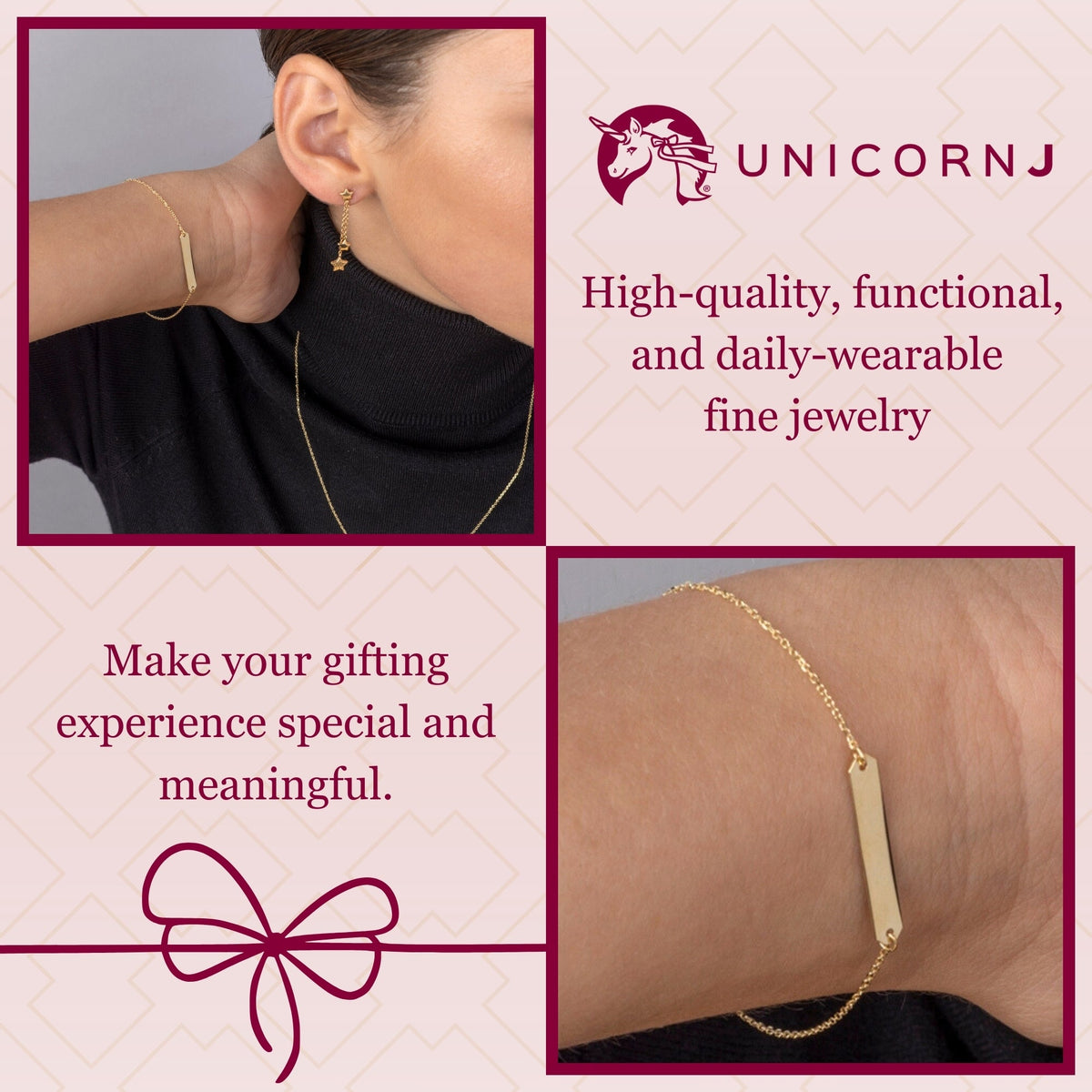 14k yellow gold bar ID bracelet worn by a model, Unicornj, view 3