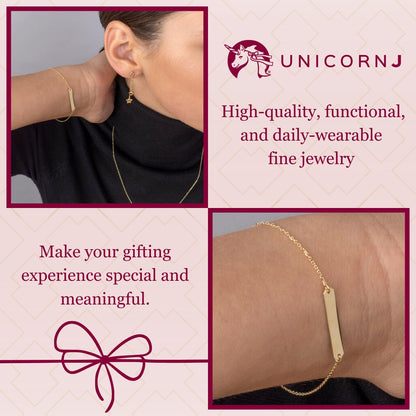 14k yellow gold bar ID bracelet worn by a model, Unicornj, view 3