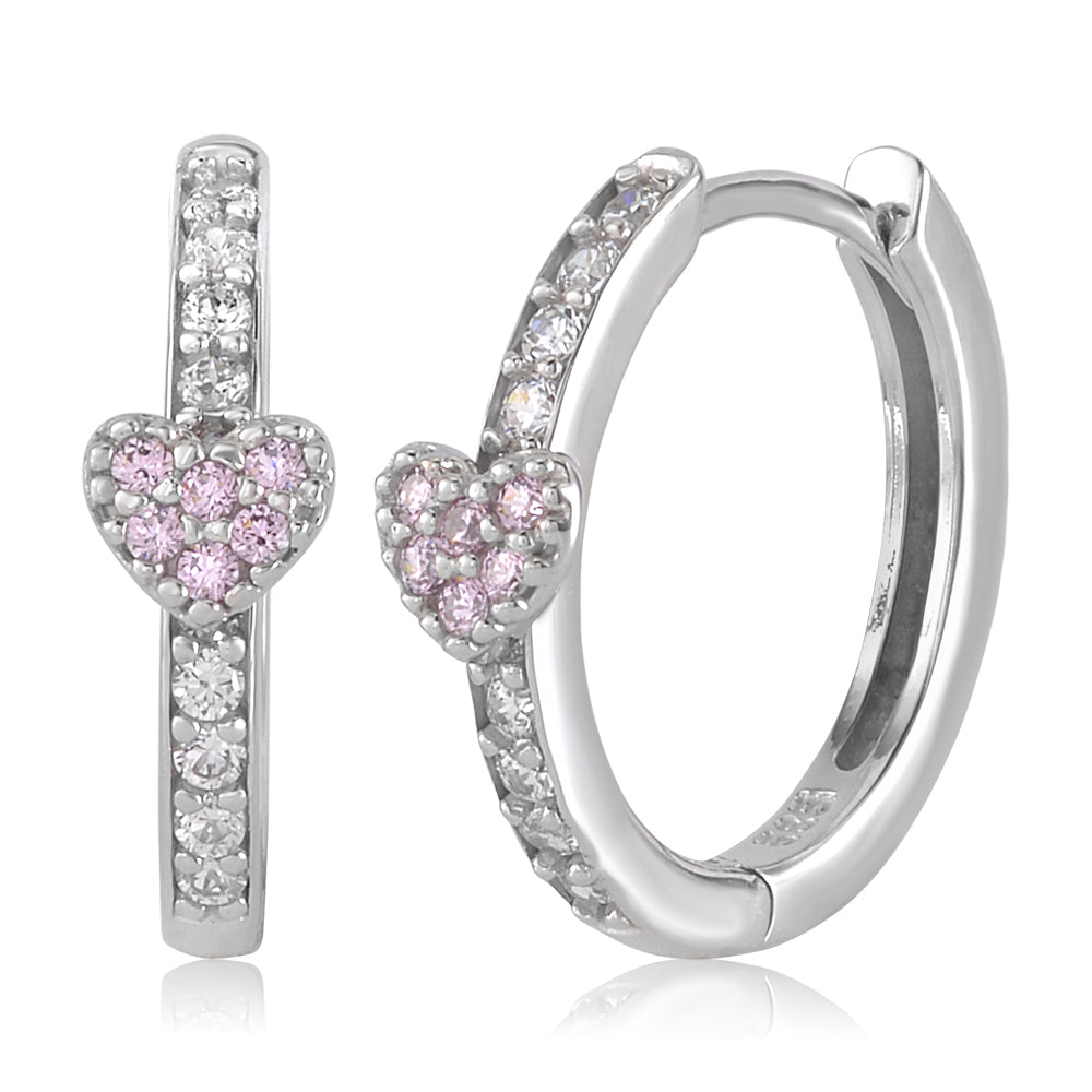 Heart Huggie Earrings in 14k White Gold with CZ Pink and Blue by Massete
