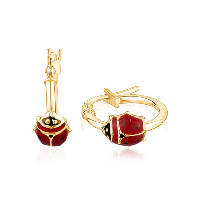 14k yellow gold hoop earrings with red enamel ladybugs by Unicornj, view 6