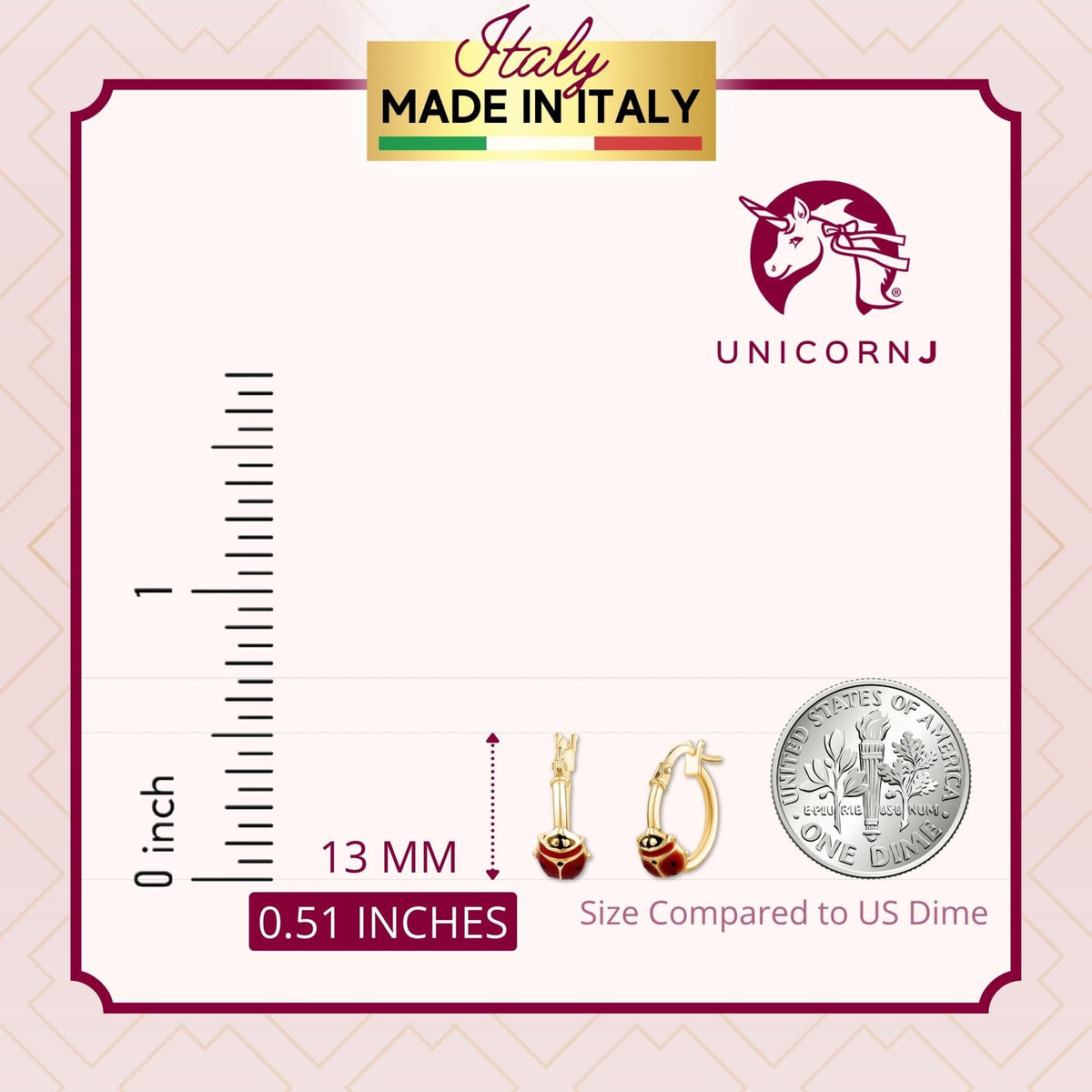 14k yellow gold hoop earrings with red enamel ladybugs by Unicornj, view 5