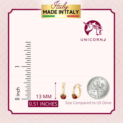 14k yellow gold hoop earrings with red enamel ladybugs by Unicornj, view 5
