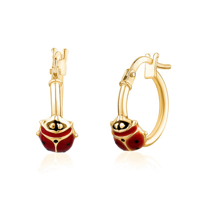 14k yellow gold hoop earrings with red enamel ladybugs by Unicornj