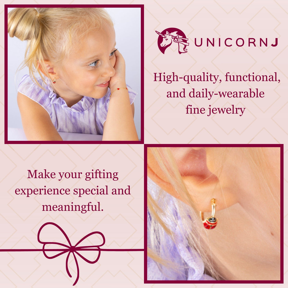 Model wearing 14k yellow gold hoop earrings with red enamel ladybugs by Unicornj