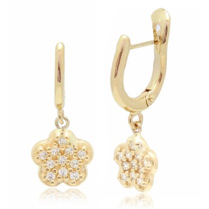 14k yellow gold pavé CZ flower dangle leverback earrings by Unicornj