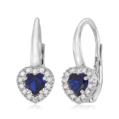 14K White Gold CZ Dark Blue Red and Green Heart Halo Leverback Earrings with Heart Shape Center CZ by Massete