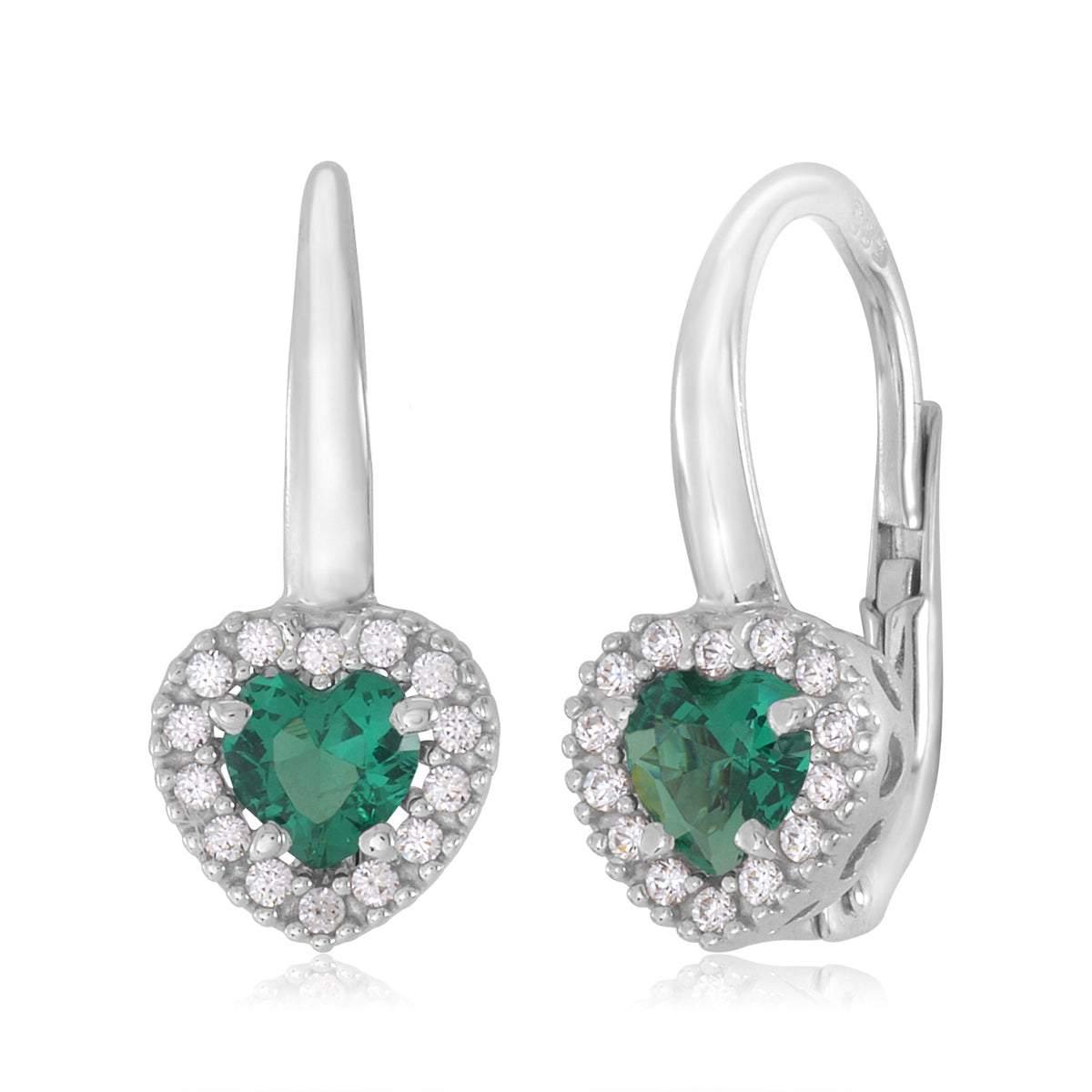 14K White Gold CZ Dark Blue Red and Green Heart Halo Leverback Earrings with Heart Shape Center CZ by Massete