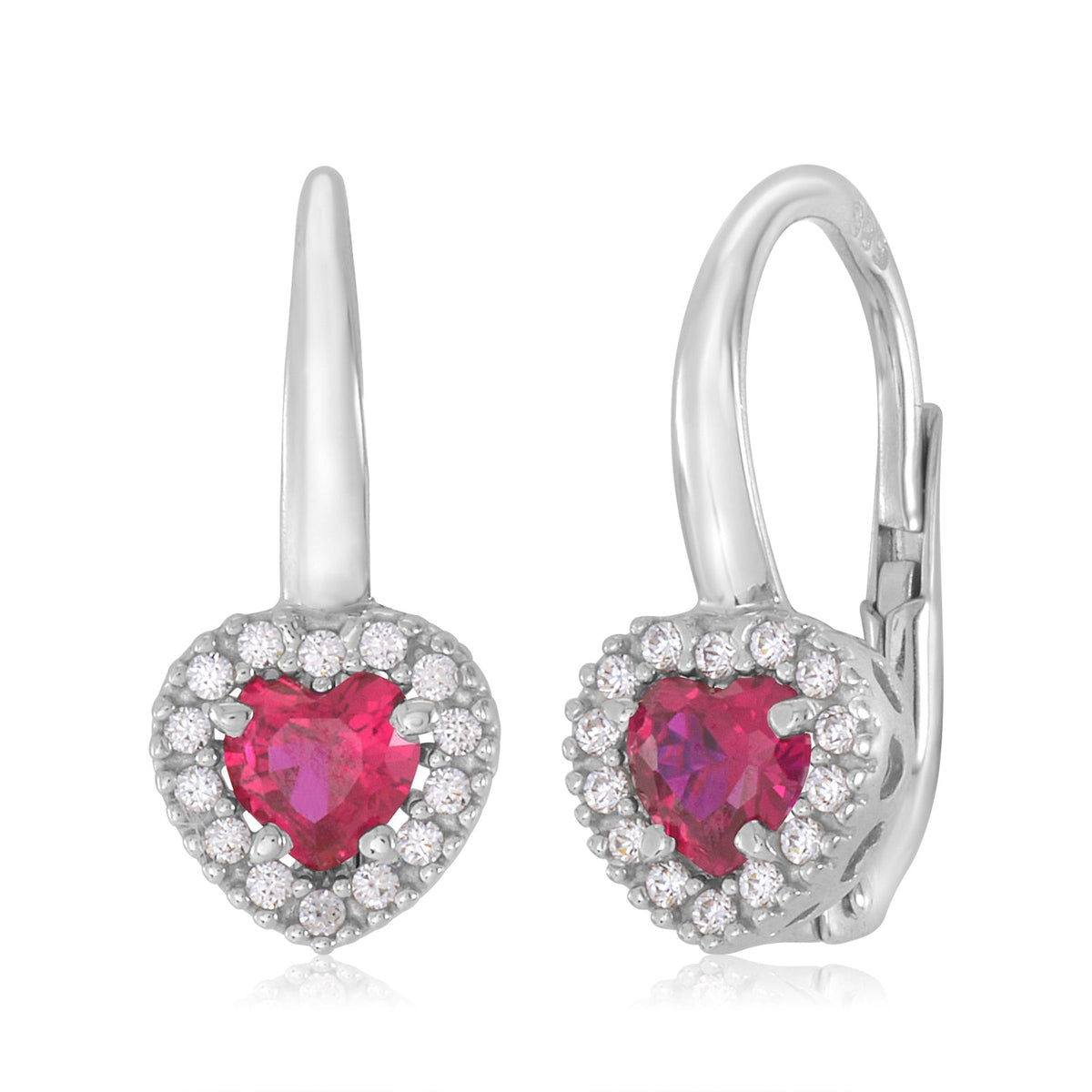 14K White Gold CZ Dark Blue Red and Green Heart Halo Leverback Earrings with Heart Shape Center CZ by Massete
