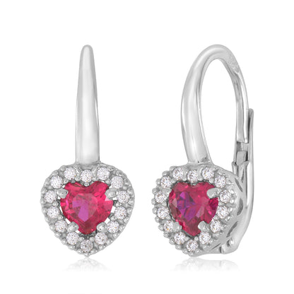 14K White Gold CZ Dark Blue Red and Green Heart Halo Leverback Earrings with Heart Shape Center CZ by Massete