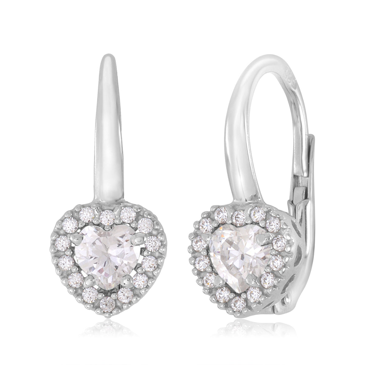 14K White Gold CZ Dark Blue Red and Green Heart Halo Leverback Earrings with Heart Shape Center CZ by Massete