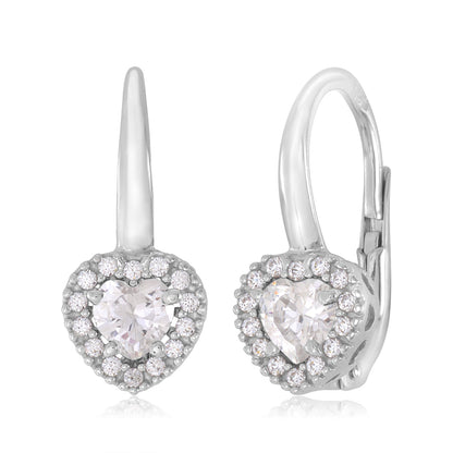 14K White Gold CZ Dark Blue Red and Green Heart Halo Leverback Earrings with Heart Shape Center CZ by Massete