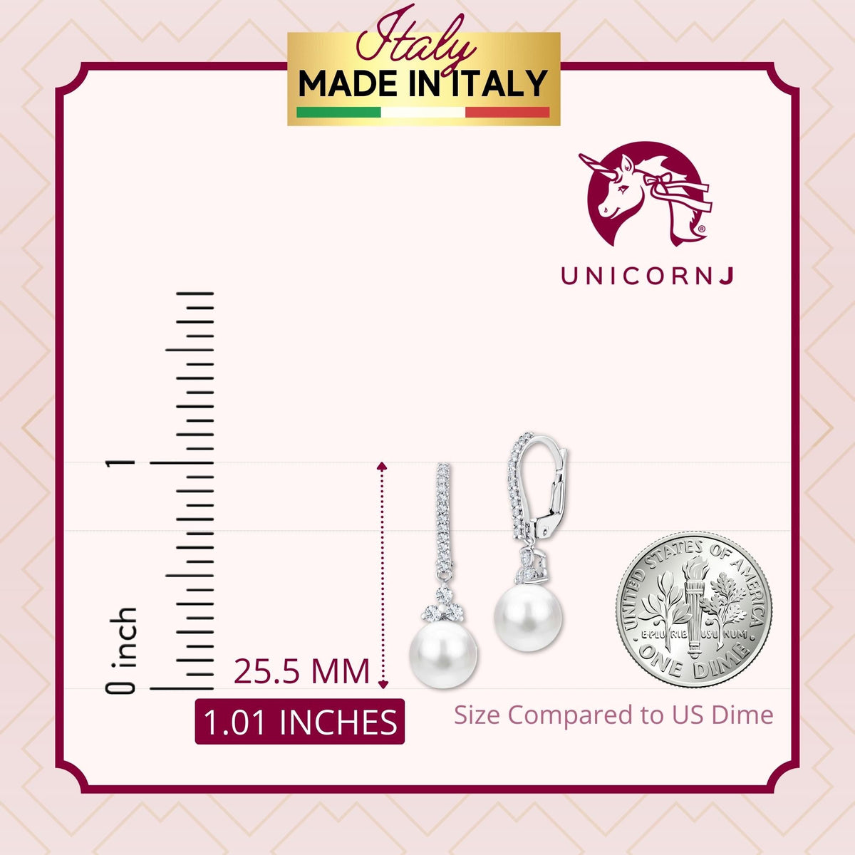 UNICORNJ 14K White Gold Freshwater Cultured Pearl Dangle Leverback Earrings with CZ Trillium Cluster Italy by Massete